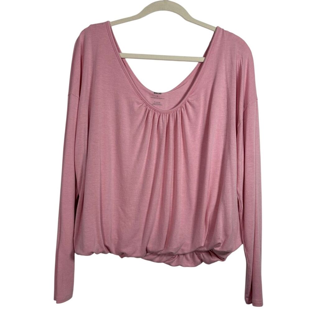 Maeve Anthropologie Pink Scoop Neck Ruched Bubble Hem Knit Long Sleeve Top XL